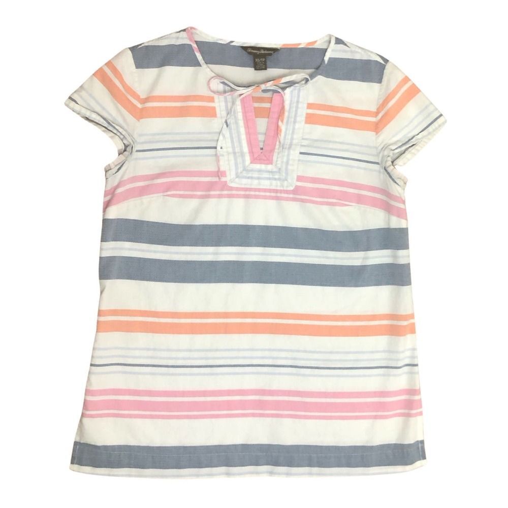 Tommy Bahama Blouse XS Striped Short Sleeve Cotton Keyhole Bow Tie